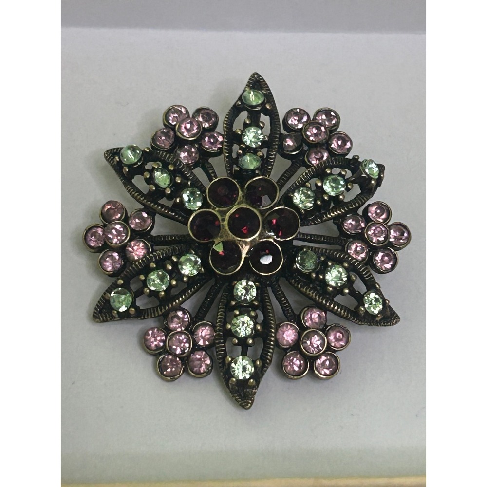 VTG Style Pink‎ Green Ruby Rhinestone Floral Sunburst Brooch Antiqued Brass#737